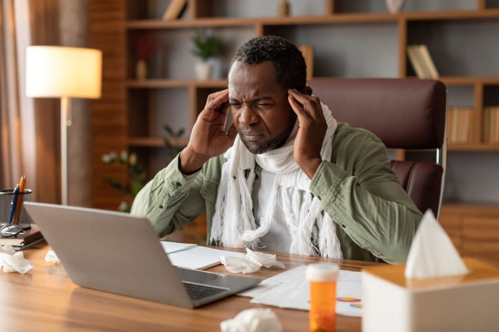 Despair mature black male with scarf suffers from headache, pain, fever, looking at computer