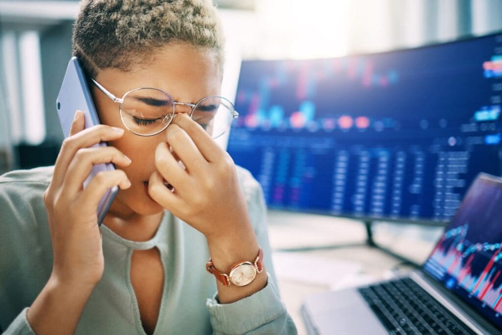 Phone call, face and business woman stress over investment fail