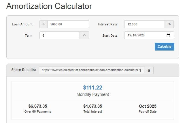 Loan Claculator - 5 yrs