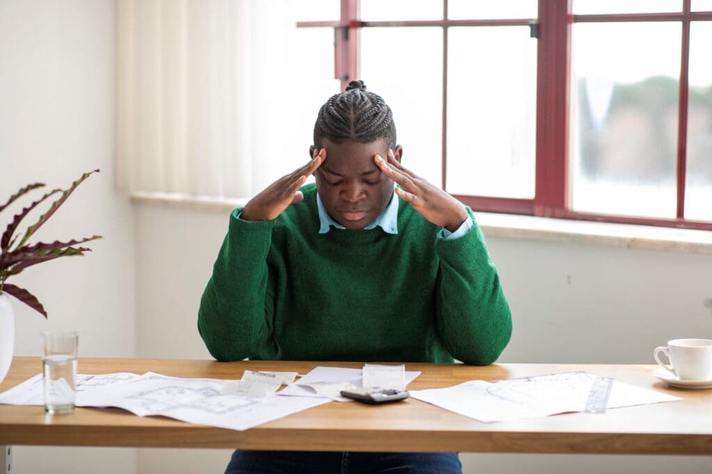 Desperate Black Man Having Financial Difficulties Calculating Expenses