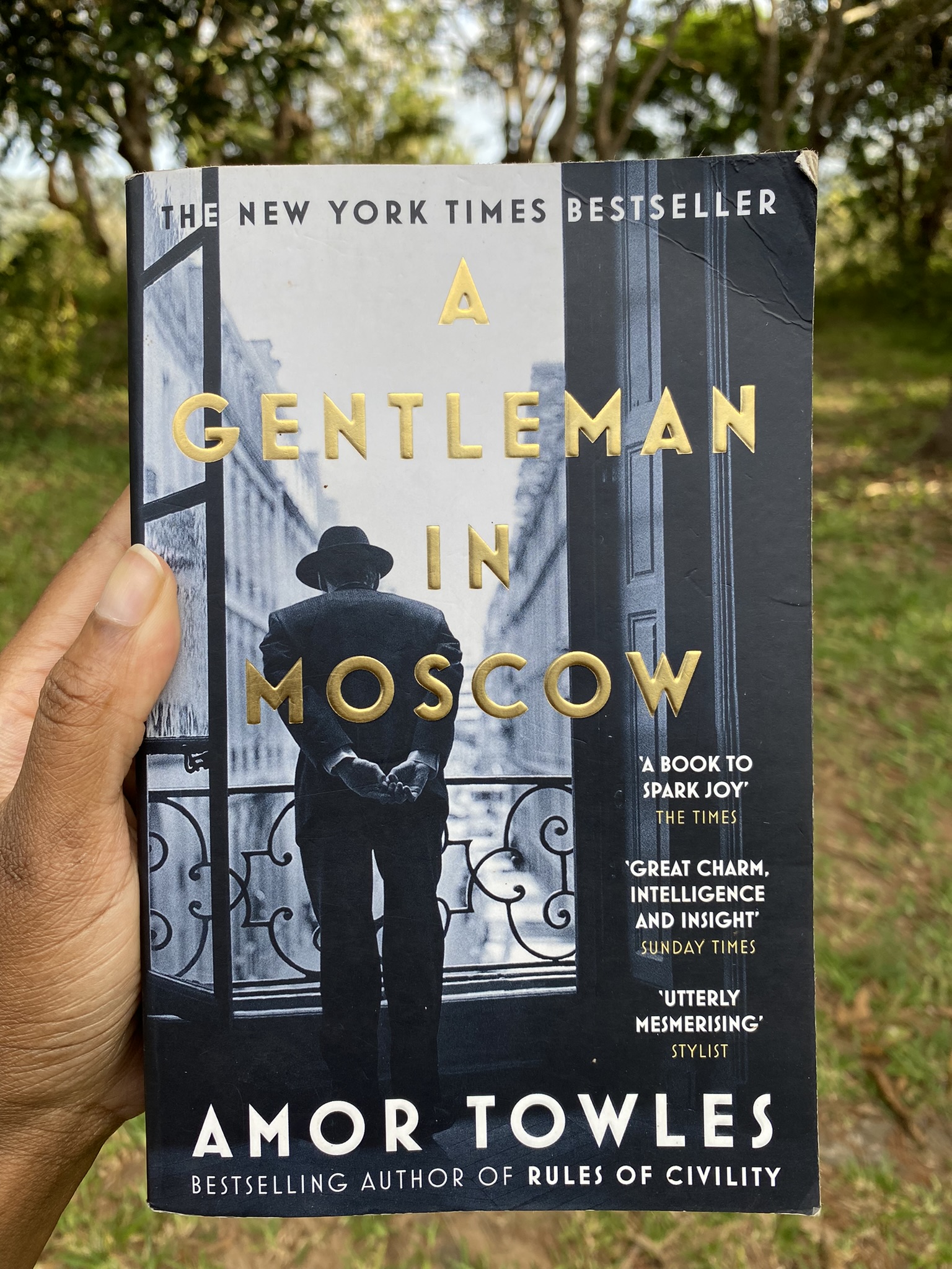 A hand holing a copy of A Gentleman in Moscow by Amor Towles with scenic background