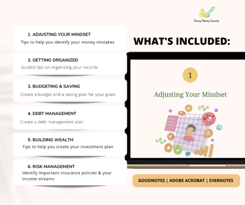 Laptop screen with worksheet on adjusting mindset from the Financial Planner - Road Map To Financial Success Workbook