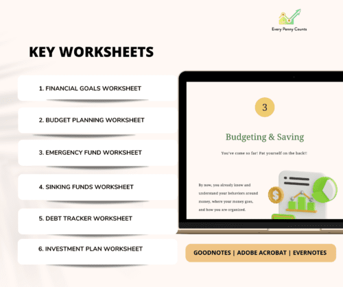 Laptop screen with worksheet on budgeting & saving from the Financial Planner - Road Map To Financial Success Workbook