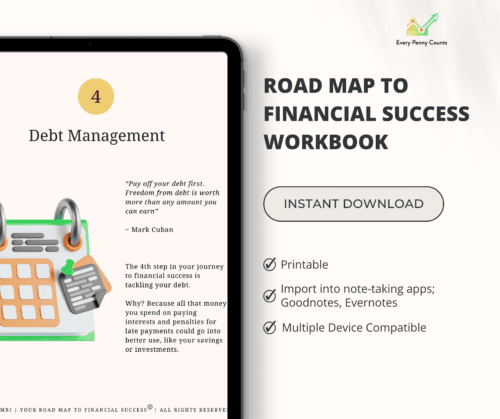 Tablet screen with worksheet on debt management from the Financial Planner - Road Map To Financial Success Workbook
