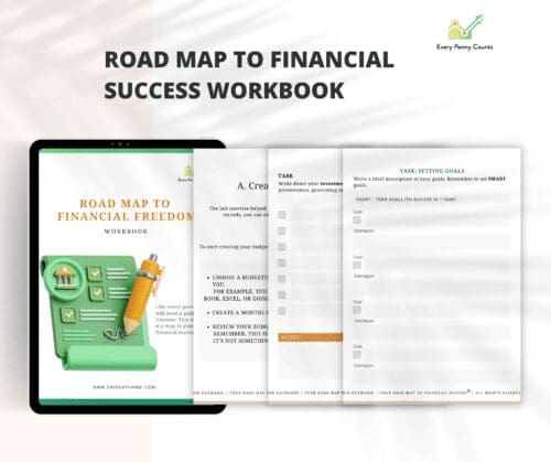 Tablet screen with financial road map workbook on debt management and other worksheets on the side from the Financial Planner - Road Map To Financial Success Workbook