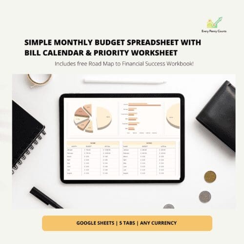 Tablet showing Simple Monthly Budget Spreadsheet