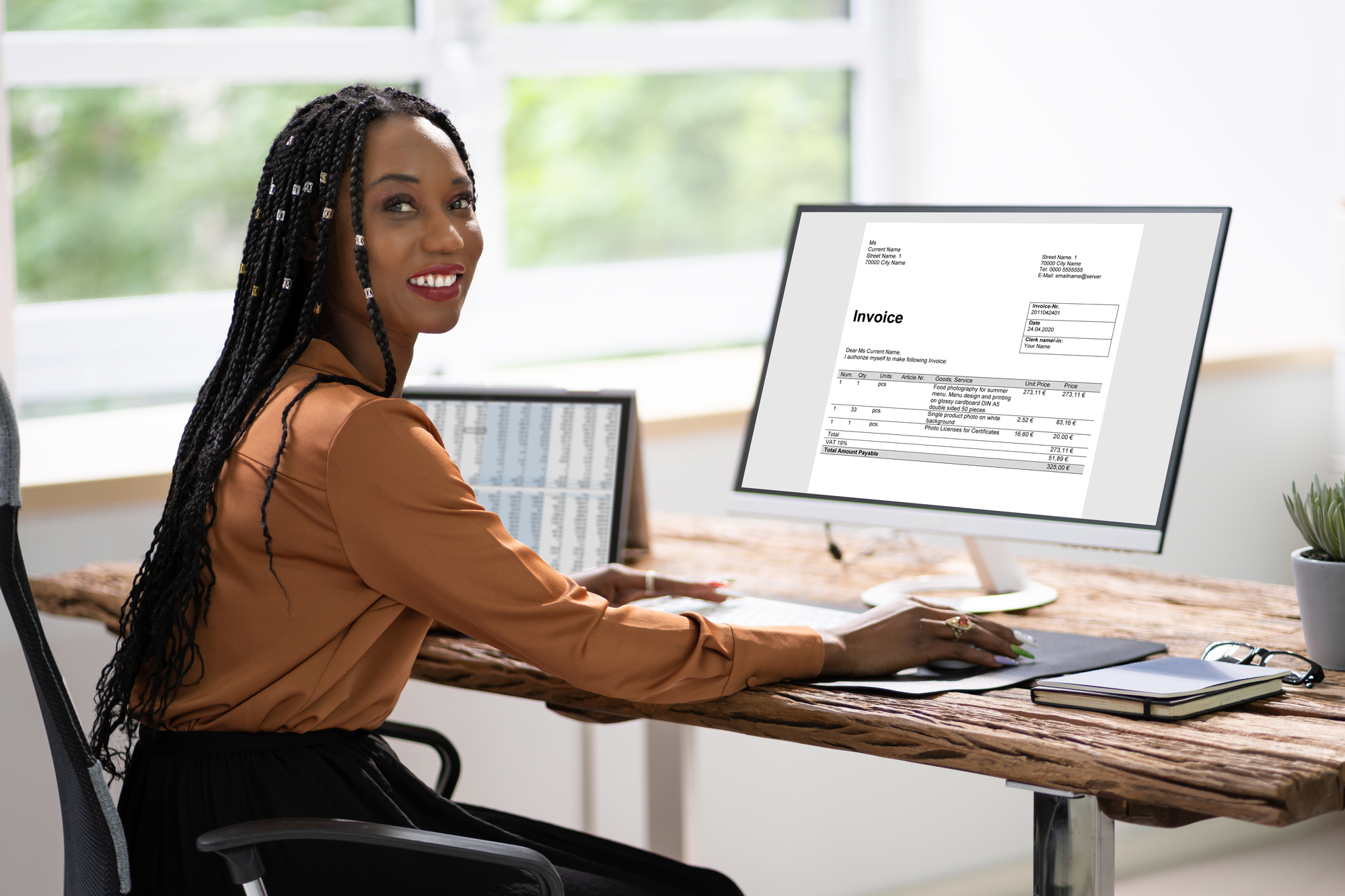 African American Lady Using Computer with invoicing tool For Online Invoice Calculation